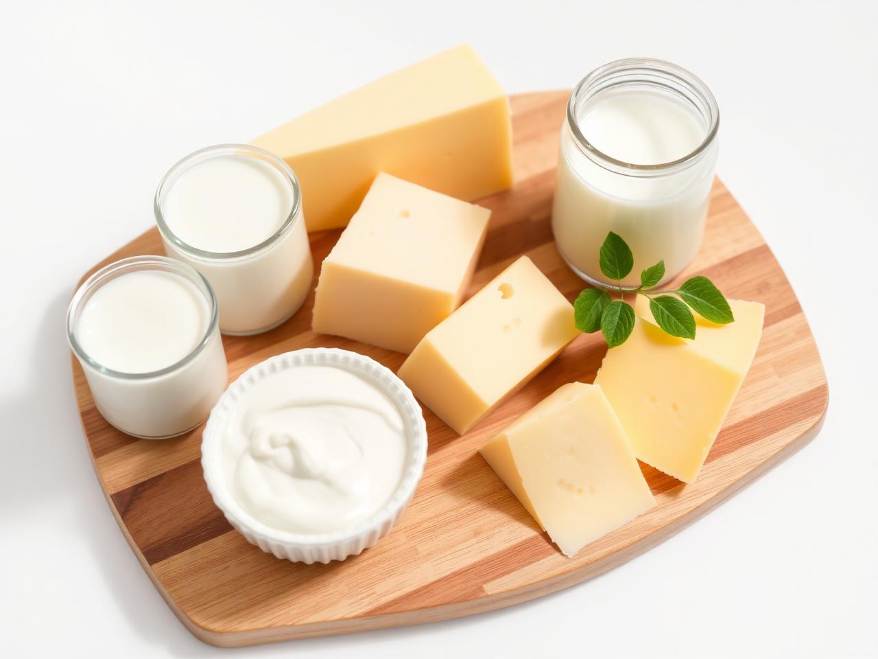 Selection of dairy products on a wooden board